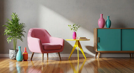 Bright and cheerful living room interior with pink armchair, yellow table and decorations