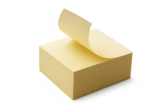 Stack of yellow sticky notes with the top sheet peeling up, symbolizing ideas, plans, reminders, and organization