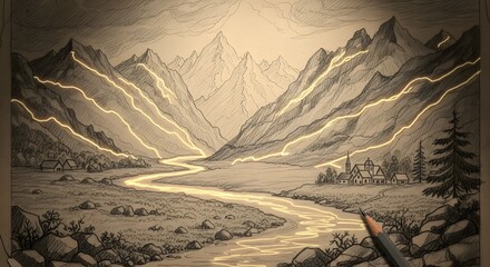 A detailed monochrome illustration of a mountain landscape with lightning strikes illuminating the sky and a winding river flowing through a rural area with small houses and trees