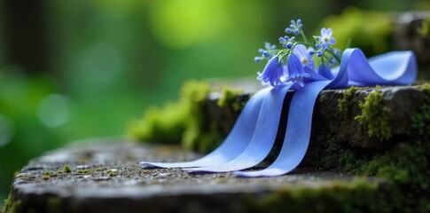 Bluebell ribbon draped over weathered stone steps in a garden, suggesting timeless elegance and floral accents. A soft bluebell ribbon is artfully draped over weathered, moss covered stone steps in a