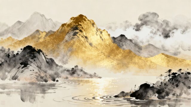 Traditional ink wash painting of golden mountains reflected in calm water with misty clouds