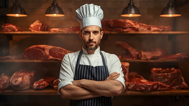 Professional chef standing confidently in a traditional butcher shop surrounded by premium cuts of meat, showcasing expertise, culinary craftsmanship, and mastery in high-quality meat preparation