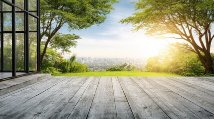 Fototapeta premium Wooden deck with city view and lush greenery.