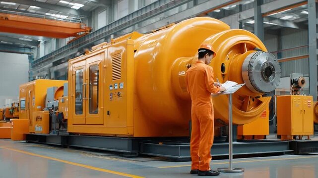 Industrial Precision: An engineer meticulously reviews technical blueprints, his expertise and dedication evident, set against the backdrop of a colossal industrial machine.
