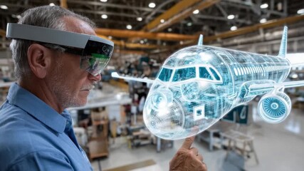 Innovation in Aviation: An engineer uses augmented reality to examine a detailed 3D model of an aircraft, symbolizing the fusion of technology and engineering in the pursuit of advancement. - Powered by Adobe