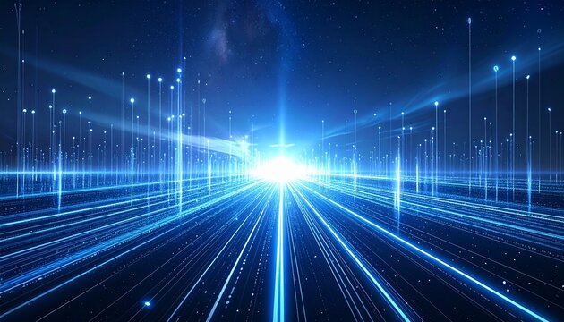 Futuristic digital landscape with glowing blue lines creating a high-speed data highway moving toward a bright light source in cyberspace
