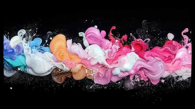 A vibrant and dynamic display of colorful liquid paint, with swirls and splashes, against a stark black background. - Powered by Adobe