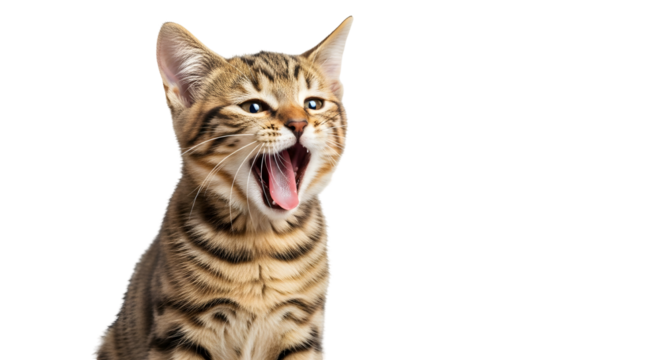 Adorable Tabby Kitten Yawning A Playful Moment of Cute Feline Expression on White Background