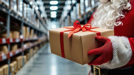 Santa Claus Holding Holiday Gift Box in Modern Distribution Warehouse for Christmas Online Retail and Fast Delivery Logistics