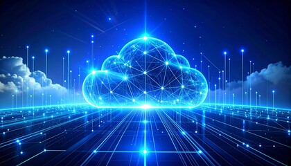 Digital Cloud Network Futuristic Grid Connecting to a Central Cloud with Dotted Lines and Light Streaks