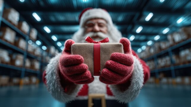 Santa Claus Delivering Christmas Gift Directly to You in the Warehouse: Fast Holiday E-commerce Order Fulfillment and Supply Chain