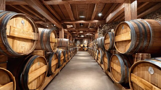 Aging Cellar: Inside a rustic aging cellar, rows of wooden barrels stand ready, a testament to time and craftsmanship, inviting an exploration into the art of aging