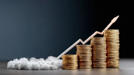 Ascending Financial Growth: A visual representation of financial growth with stacks of gold coins symbolizing wealth and a rising graph depicting upward progress.