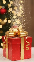 A beautifully wrapped Christmas gift box with a golden ribbon and bow, surrounded by sparkling glitter and festive bokeh lights in the background, creating a joyful holiday atmosphere