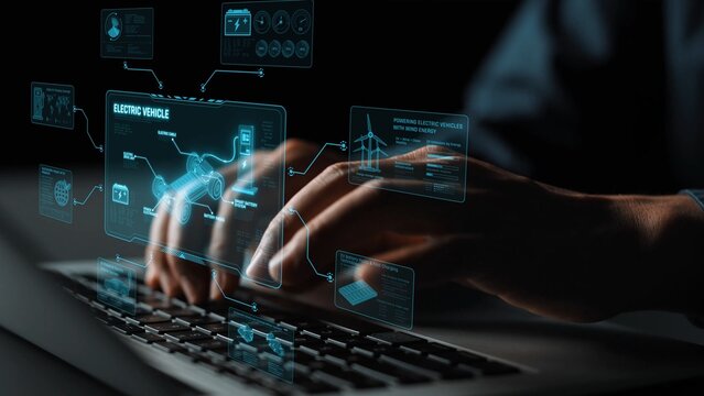 Technical layout of electric vehicle showing battery system, power control, traction motor, charging interface, and integration with renewable and smart energy sources Marrow
