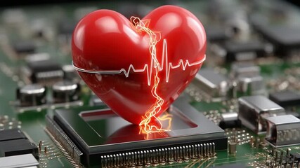 Heart of Technology: A striking visual of a red heart, intertwined with an electronic pulse, resting upon a circuit board, a powerful metaphor for the intersection of technology and life. - Powered by Adobe