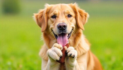Playful Golden Retriever with a Favorite Toy in an Open Field A golden retriever dog joyfully holding its favorite chew toy in a wide open, sun drenched field. Focus on the dog s happy expression and