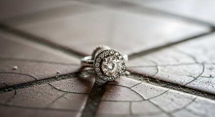 Close-up of a sparkling diamond ring with a round center stone surrounded by smaller stones, placed on a textured surface with visible cracks and lines