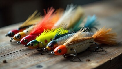 Fly Fishing Lure Assortment Close up macro shot of a diverse assortment of colorful fly fishing lures arranged meticulously on a rustic, weathered wooden board. Shallow depth of field, soft natural