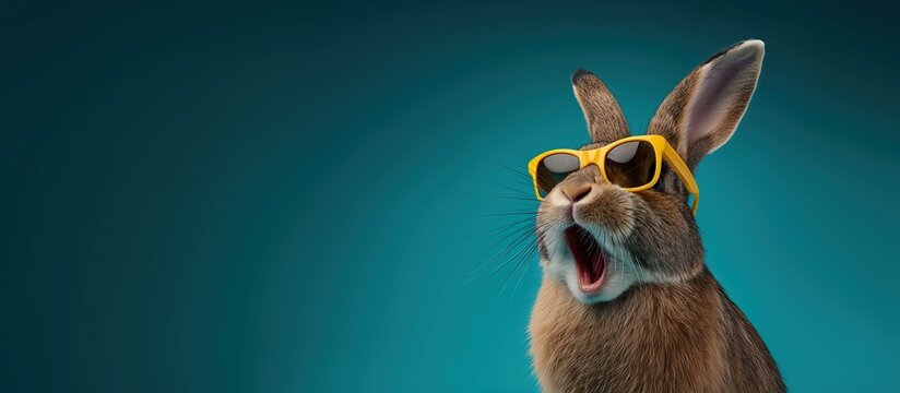 Surprised Bunny Rabbit Wearing Yellow Sunglasses with Open Mouth on Teal Background: Funny Animal Character for Unexpected Announcement