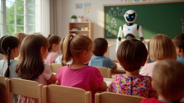AI Robot Teacher Interacting with Children in Kindergarten Classroom: Future of Education, Technology, and Learning Innovation Concept