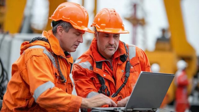 Engineers at Work: Two diligent engineers, adorned in orange safety attire and hardhats, meticulously analyze data on a laptop, emphasizing collaboration and technical expertise.