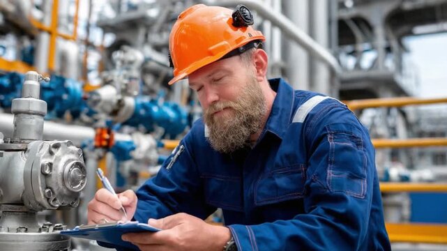Precise Documentation: An engineer, in his work attire, meticulously documents details at an industrial plant, capturing a moment of dedicated focus and expertise.
