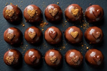 Artfully arranged bow shaped chocolates with shimmering gold dust, presented on a textured dark slate background. A top down studio shot of several artfully arranged, dark chocolate confections shaped