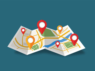 Folded paper map with red pin pointer, city map illustration