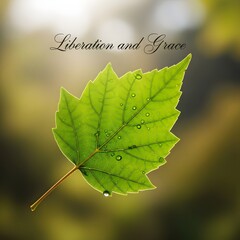 Close-up of a vibrant green leaf with water droplets and sunlight shining through, symbolizing nature, freshness, and renewal in a peaceful outdoor setting