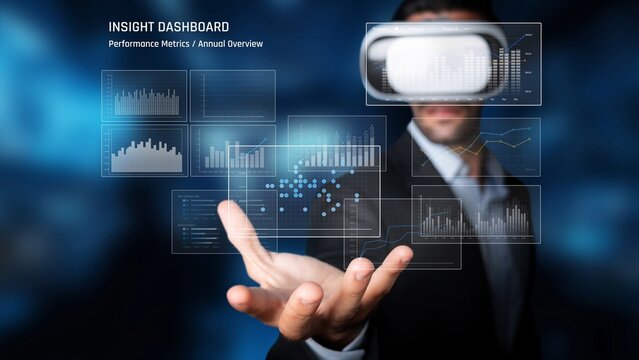 A business professional engages with a virtual reality headset, interacting with advanced data visualization graphics and performance metrics in a modern workspace. Raster