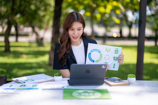 Woman presenting esg sustainability report during remote work video conference