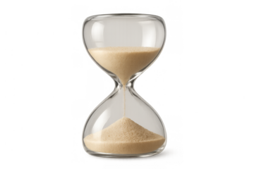 Hourglass with sand flowing from top to bottom through a clear glass vessel, representing timing, limits, and transience