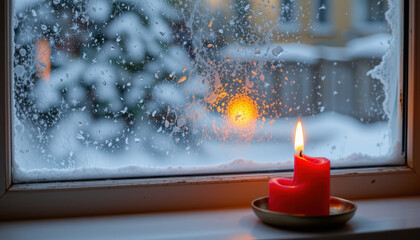 Red candle burns softly on windowsill, casting warm glow against backdrop of snow covered scenery outside. frosted window adds cozy, wintery atmosphere to scene