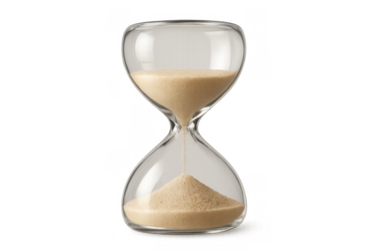Hourglass with sand flowing from top to bottom through a clear glass vessel, representing timing, limits, and transience