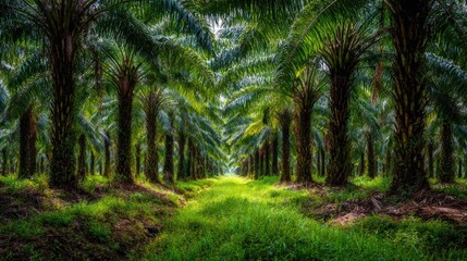 Fototapeta premium Palm trees in a lush plantation.