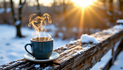 Steaming cup of coffee sits on wooden railing, surrounded by snow, with beautiful sunrise in background. warm light creates cozy atmosphere, perfect for enjoying hot beverage