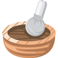 Wooden bowl with herbal compress and brown liquid for spa treatment and aromatherapy in a clean environment