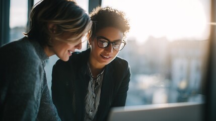Two businesswomen collaborating on laptop project indoors