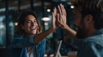 Celebrating work success with a high five in the office