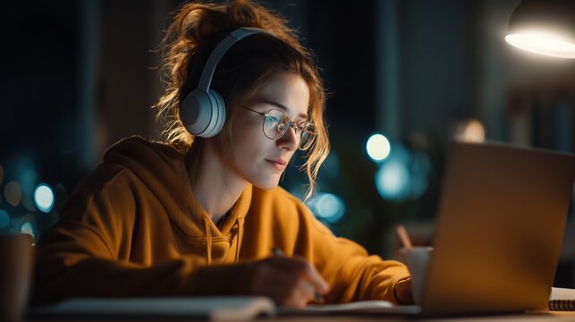 Focused student studying late with laptop and headphones