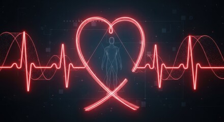 Obraz premium Digital heart with human silhouette and electrocardiogram, representing health and life