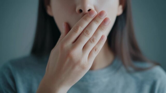 A person covering their mouth with their hand, expressing surprise or silence.