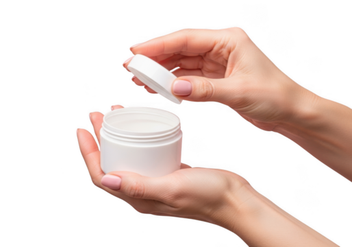 Hands opening a white cosmetic cream jar isolated on transparent background