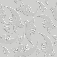 White vector seamless pattern with embossed 3D Baroque style swirls and curls. Textured floral relief background texture. Elegant, ornamental, luxury emboss design. 3d wallpaper, endless texture.