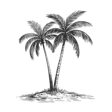 Two palm trees on a small island in a hand drawn sketch style