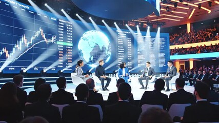 A conference features a panel on stage discussing a topic, presenting data, and engaging an audience - Powered by Adobe