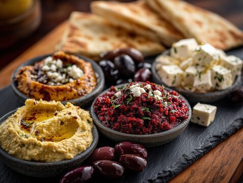 Traditional Mediterranean Starter Board with Creamy Dips, Feta, Pita Bread, and Olives, Gourmet Mezze Selection, Assorted Middle Eastern Dips and Cheese