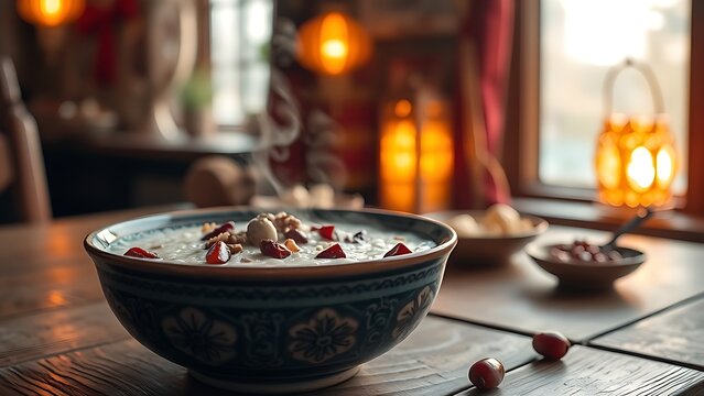 laba. Steaming bowl of Laba porridge with dates and nuts on wooden table. menu design, packaging mockups, designed for culinary blogs and recipe cards for restaurants, supports restaurant marketing.