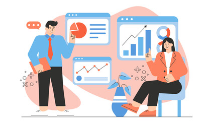 Business People Analyzing Economic Forecast Flat Vector Illustration